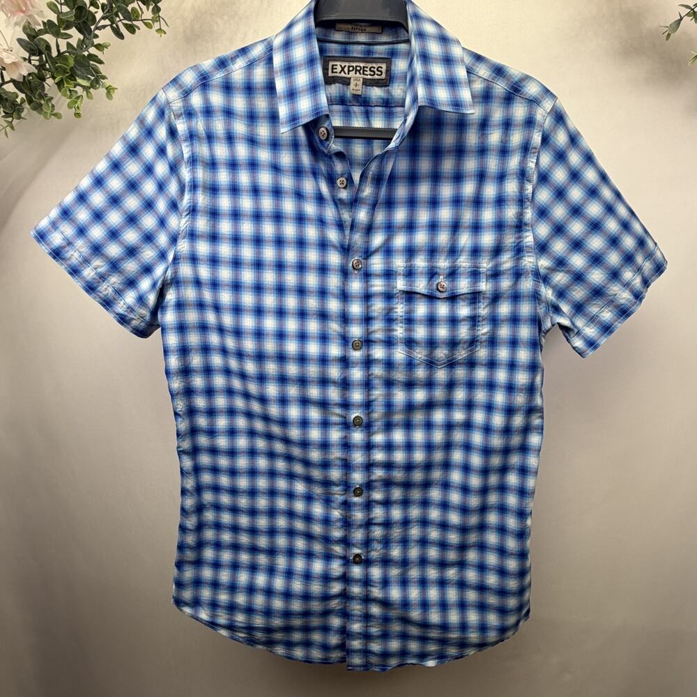 Express Button Down Fitted Collar Men's Shirt With Pocket Size‎ Small Checkered